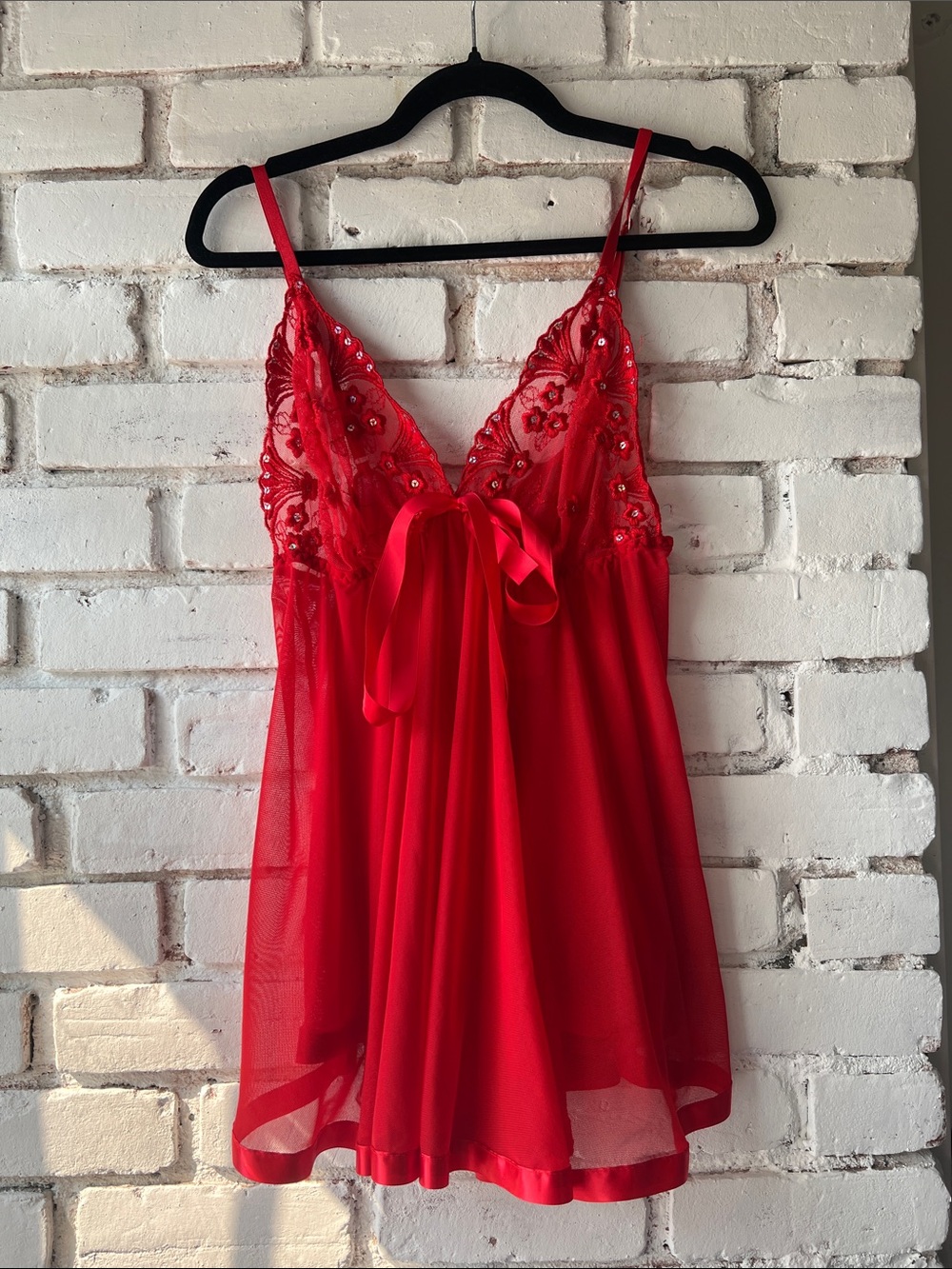 Women's Red Lace Babydoll Chemise triangle bust ribbon detail valentines lingeri
